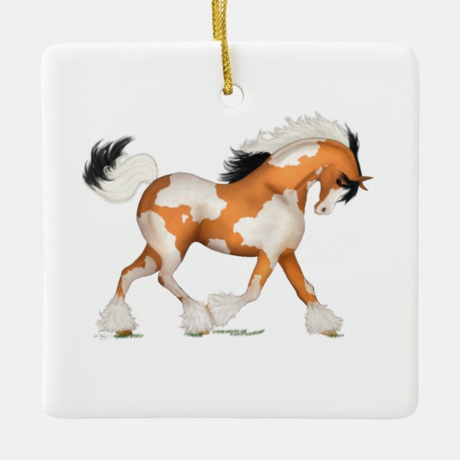 Gold Overo Gypsy Horse Pony Personalised Christmas Ceramic Ornament (Front)
