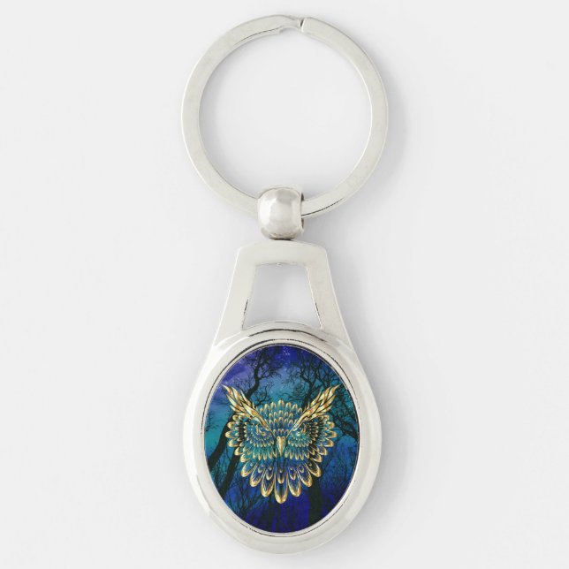 Gold Owl Face on forest at night  Key Ring (Front)