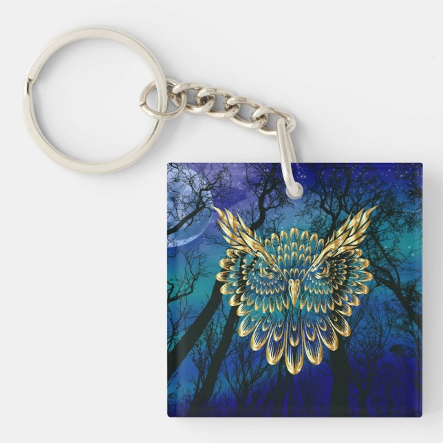 Gold Owl Face on forest at night  Key Ring (Front)