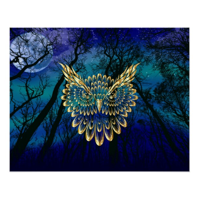Gold Owl Face on forest at night  Poster (Front)