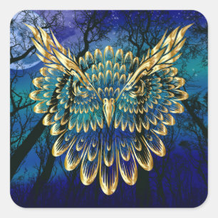 Gold Owl Face on forest at night Square Sticker