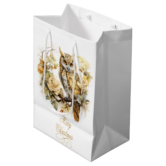 Gold Owl On A Branch Christmas Medium Gift Bag (Front Angled)