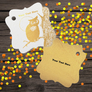Gold Owl Sitting in Tree Full Moon Big Eyes Favour Tags