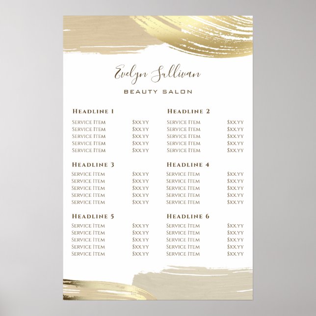 Gold Paint Brush Strokes Price List Poster (Front)