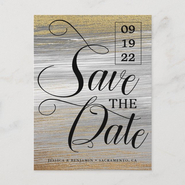 Gold Paint Calligraphy Photo Wedding Save The Date Announcement Postcard (Front)