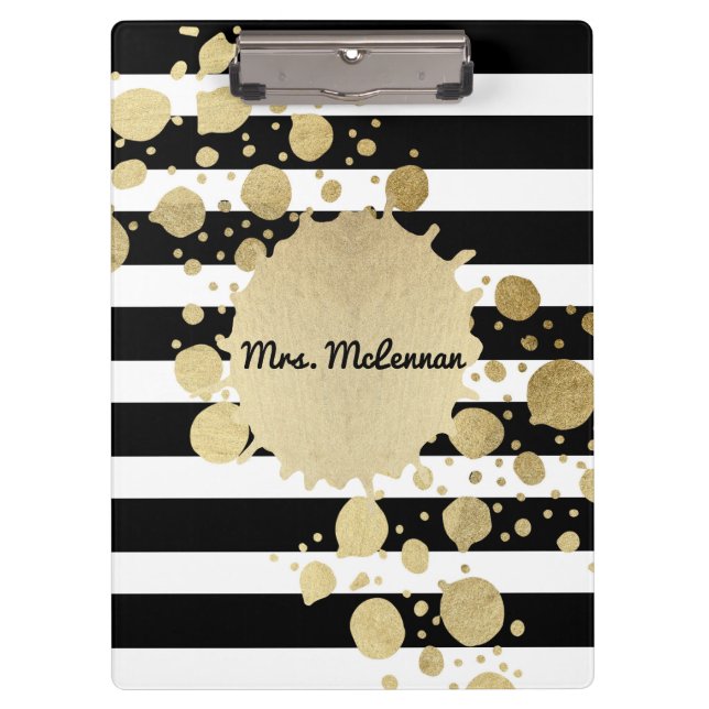 Gold Paint Splatter Black White Stripes Monogram Clipboard (Front)