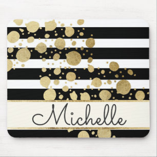 Gold Paint Splatter Black White Stripes Monogram Mouse Mat