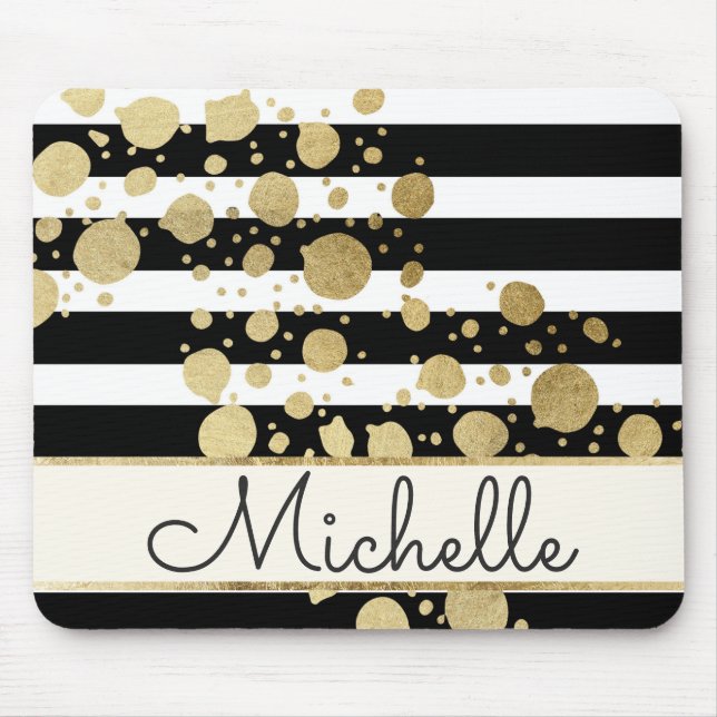 Gold Paint Splatter Black White Stripes Monogram Mouse Mat (Front)