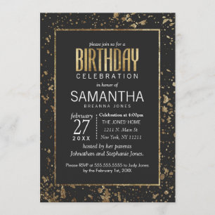 Gold Paint Splatters Birthday Party Invites