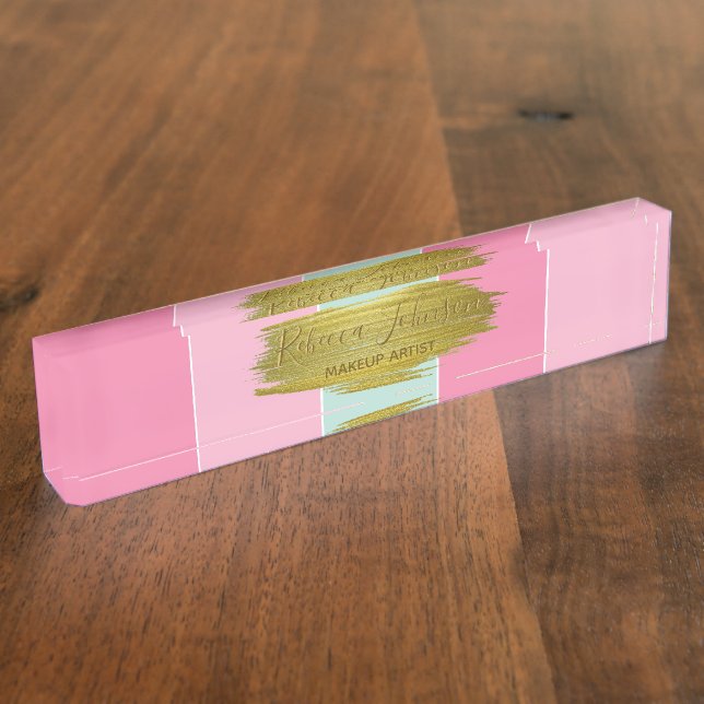 Gold Paint Stroke Colourful Mint Pink Stripes Nameplate (Side)
