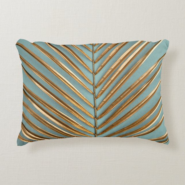 Gold Painted Tropical Palm Pattern Decorative Cushion (Front)