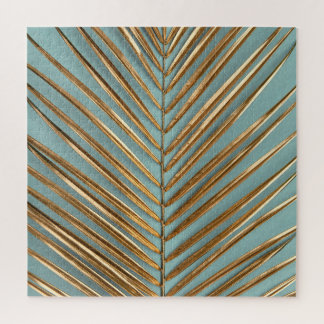 Gold Painted Tropical Palm Pattern Jigsaw Puzzle