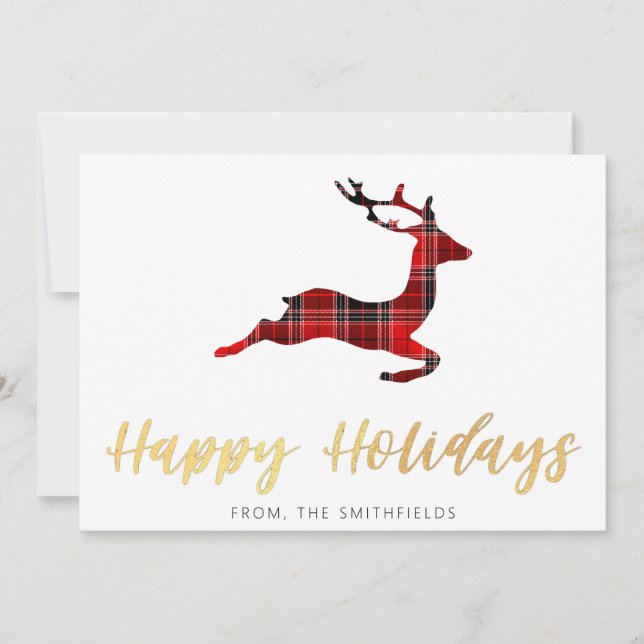 Gold Painting Buffalo Plaid Deer Christmas Holiday Card (Front)