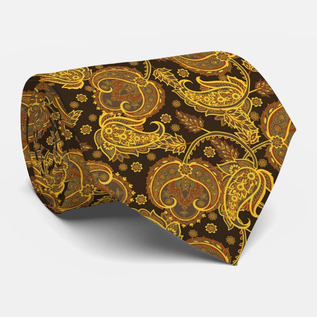 Gold paisley damask floral orientated ethnic patte tie (Rolled)