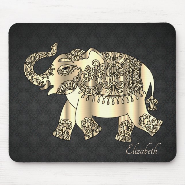 Gold Paisley Floral Elephant,Damask - Personalised Mouse Mat (Front)