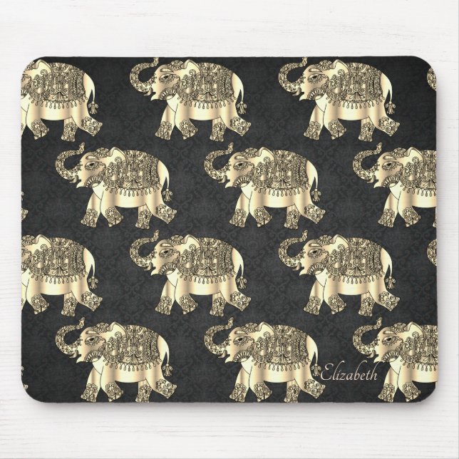 Gold Paisley Floral Elephant, Damask- Personalised Mouse Mat (Front)