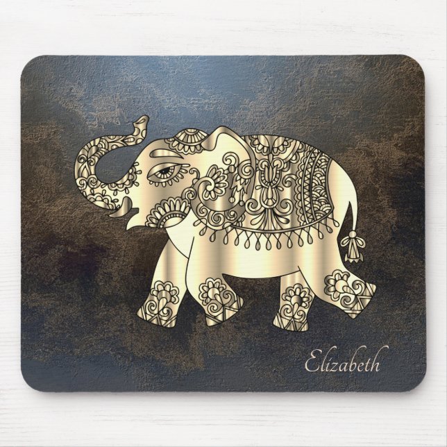 Gold Paisley Floral Elephant, Leather Look Mouse Mat (Front)