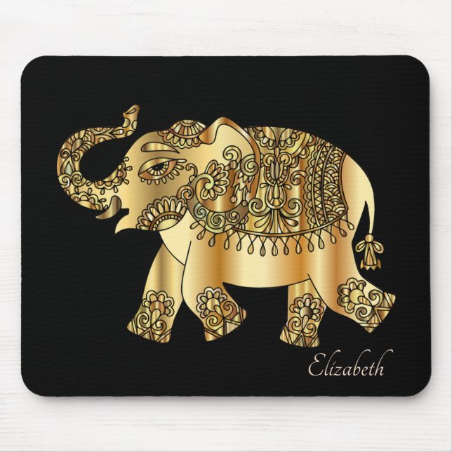 Gold Paisley Floral Elephant- Personalised Mouse Mat (Front)