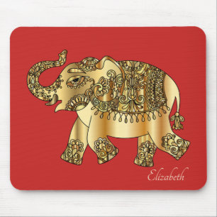 Gold Paisley Floral Elephant, Red- Personalised Mouse Mat