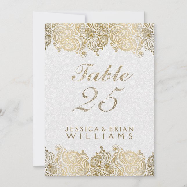 Gold Paisley Lace On White Table Number (Front)