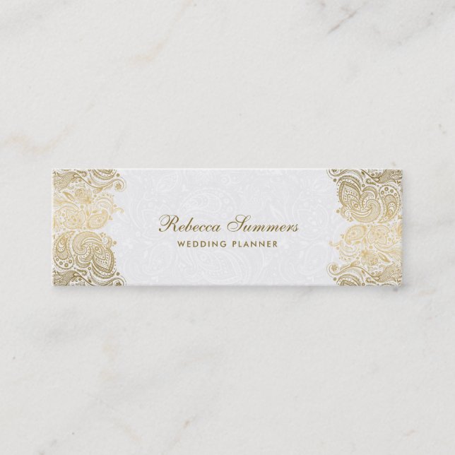 Gold Paisley Lace Plush White Background Mini Business Card (Front)