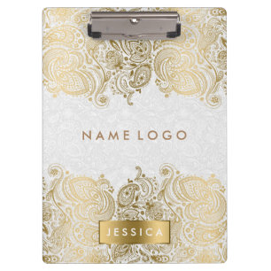 Gold Paisley Lace With White Background Clipboard