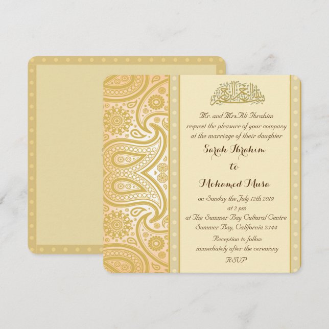 Gold Paisley Muslim wedding Invitation (Front/Back)