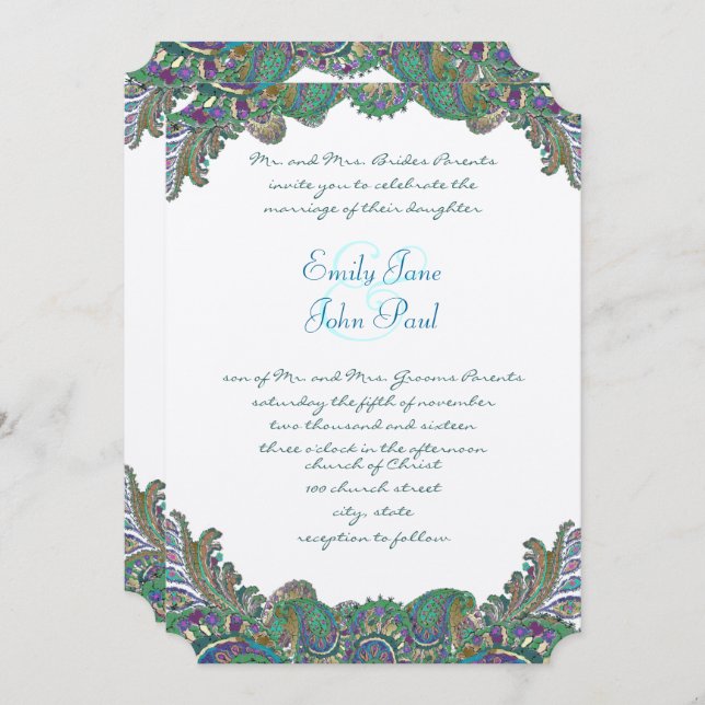 Gold Paisley Peacock Colours Wedding Invitations (Front/Back)