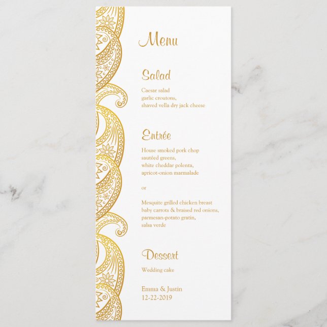 Gold Paisley Traditional Indian Wedding Menu (Front)