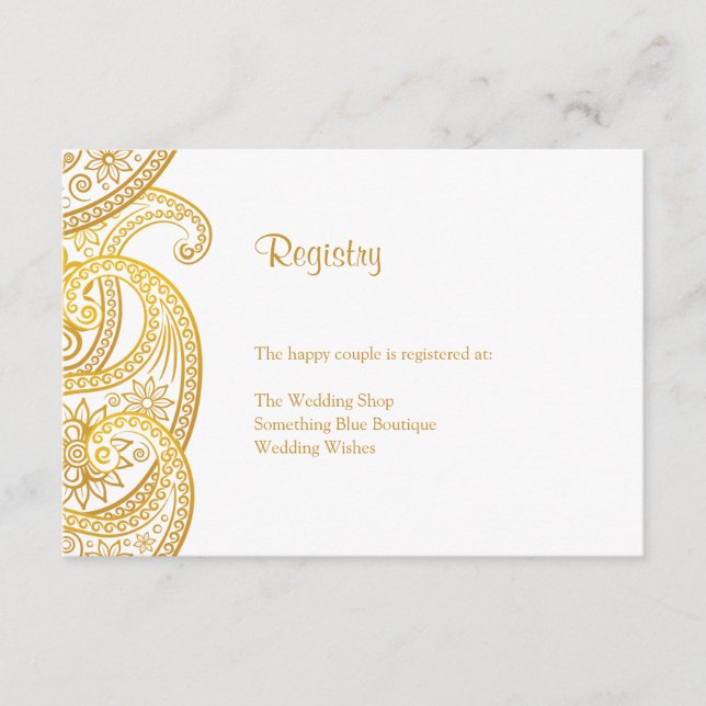 Gold Paisley Traditional Indian Wedding Registry Enclosure Card (Front)