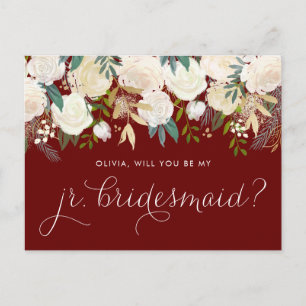 Gold Pale Peonies Floral Red Be My Jr Bridesmaid Invitation Postcard