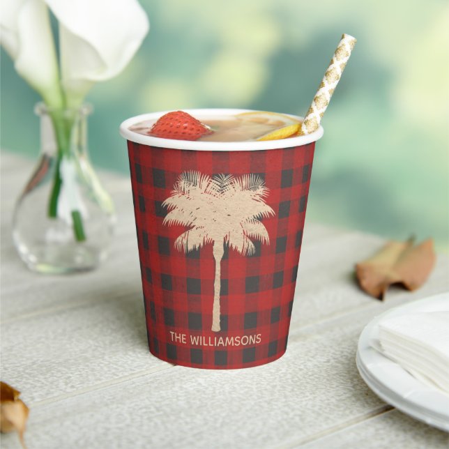 Gold Palm Buffalo Check Personalised Paper Cups (Insitu)