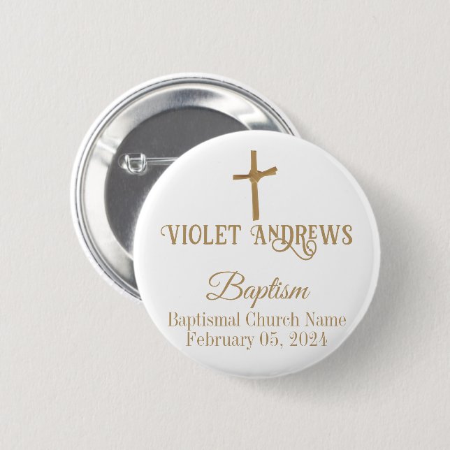 Gold Palm Cross Personalised Baptism 6 Cm Round Badge (Front & Back)