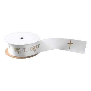 Gold Palm Cross Personalised Baptism  Satin Ribbon