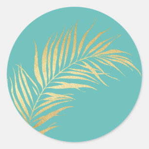 Gold Palm Frond on Caribbean Blue Background Classic Round Sticker