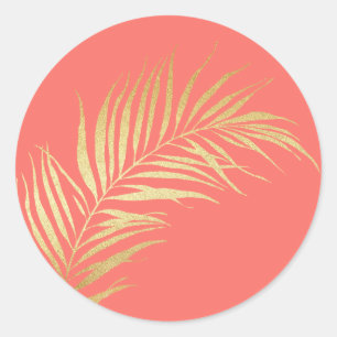 Gold Palm Frond on Coral Background Classic Round Sticker