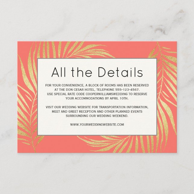 Gold Palm Frond on Coral Wedding Details Enclosure Card (Front)