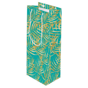Gold Palm Fronds on Turquoise Wine Gift Bag