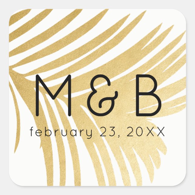 Gold Palm Leaf Feather Modern Beach Wedding Favour Square Sticker (Front)