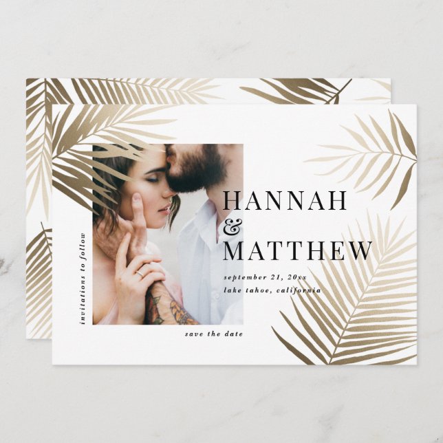 Gold palm leaf save the date photo wedding (Front/Back)