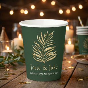 Gold palm leaf wedding names and date paper cups
