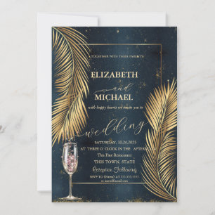 Gold Palm Leaves Beach Champagne Glass Wedding  Invitation