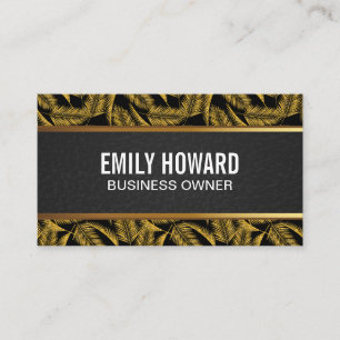 Gold Palm Leaves   Black Leather Gold Trim Business Card