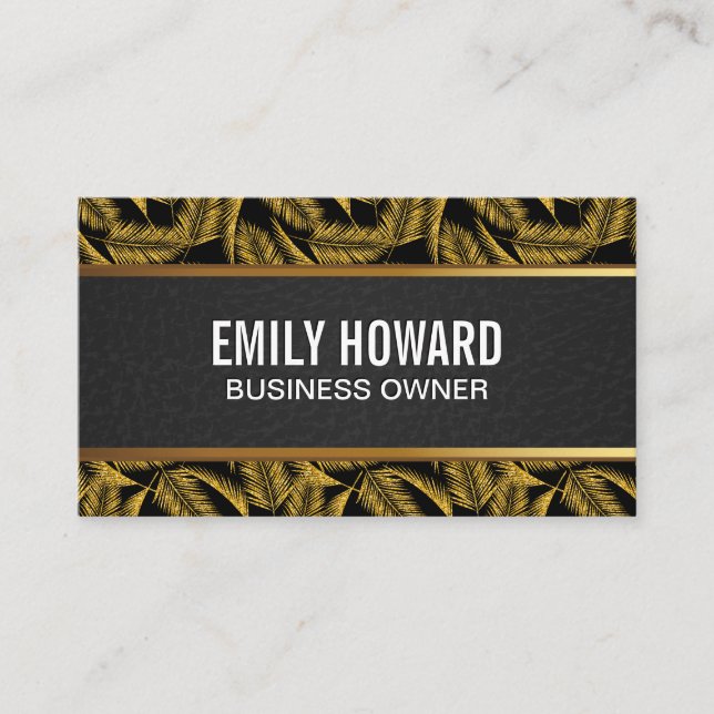 Gold Palm Leaves | Black Leather Gold Trim Business Card (Front)
