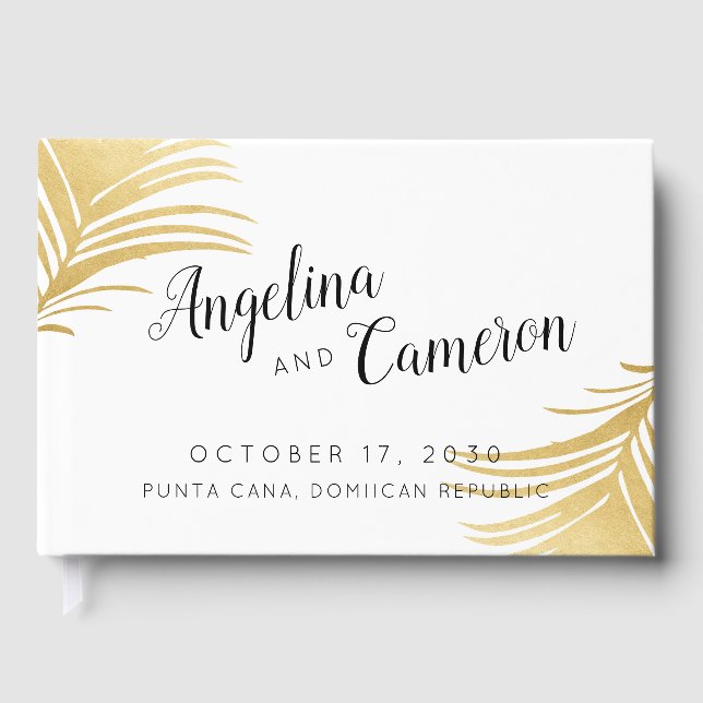 Gold Palm Leaves Modern Tropical Wedding Guest Book (Front)