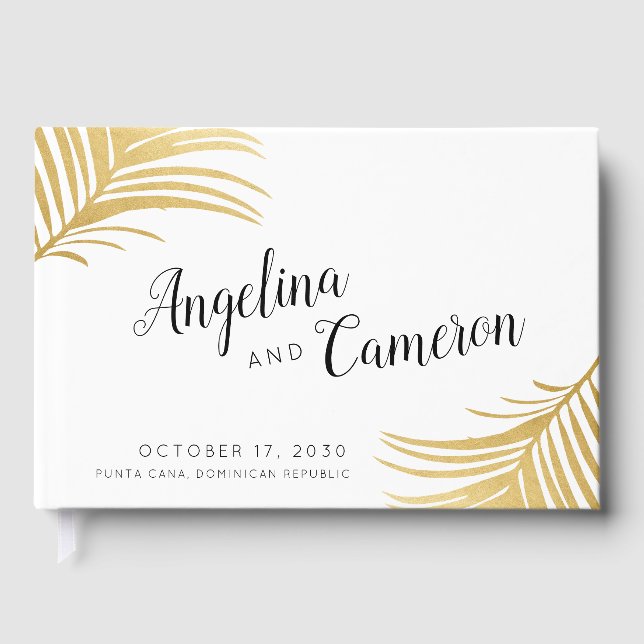 Gold Palm Leaves Modern Tropical Wedding Guest Book (Front)