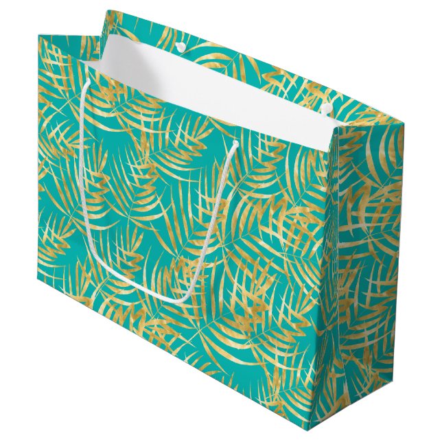 Gold Palm Leaves on Turquoise Large Gift Bag (Front Angled)