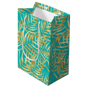 Gold Palm Leaves on Turquoise Medium Gift Bag