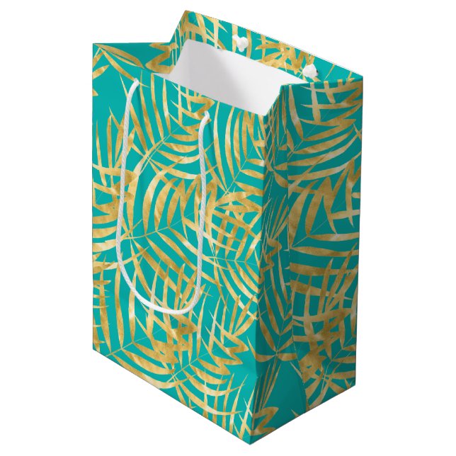 Gold Palm Leaves on Turquoise Medium Gift Bag (Front Angled)