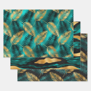 Gold Palm Leaves with Teal and Black Abstract Wrapping Paper Sheet